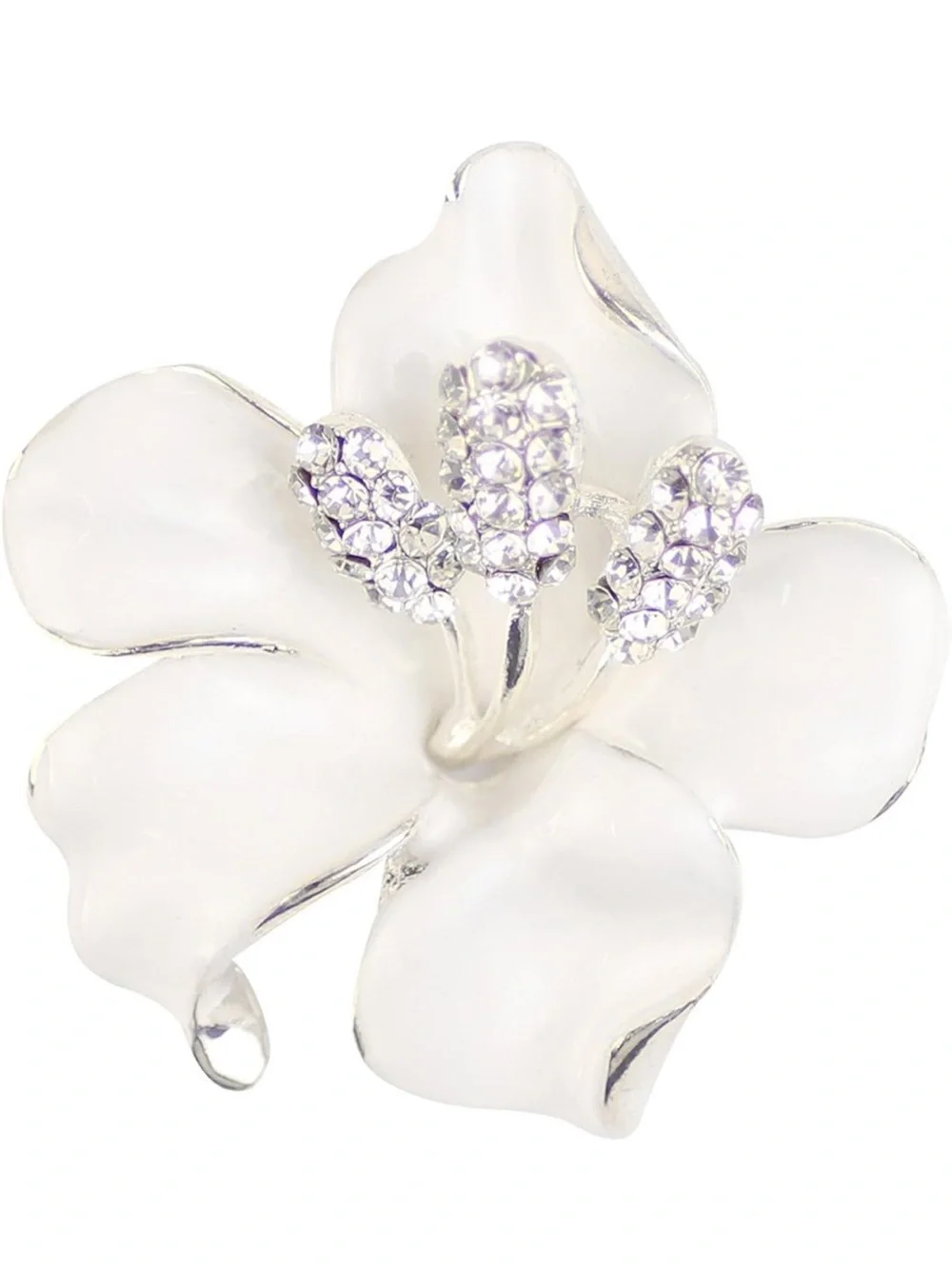 Anthropologie White Enamel Flower Brooch with Crystal Centers